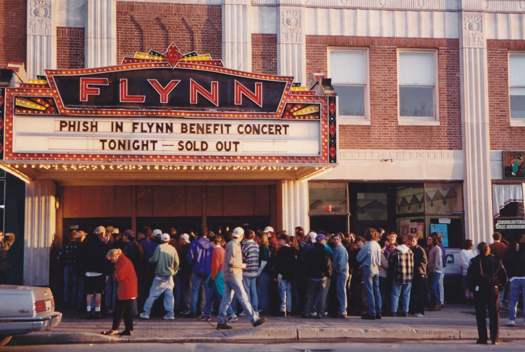 The Flynn marquee with Phish benefit concert on the front.
